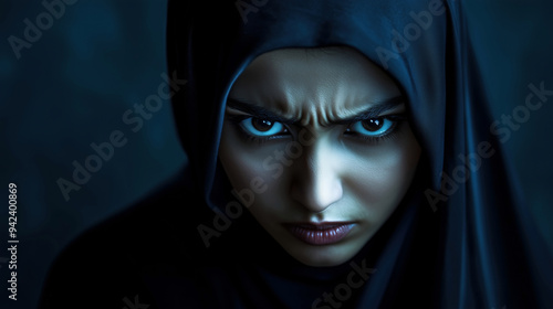 Young Hijab Lady in Angry Face. Portrait and Expression Concept. photo