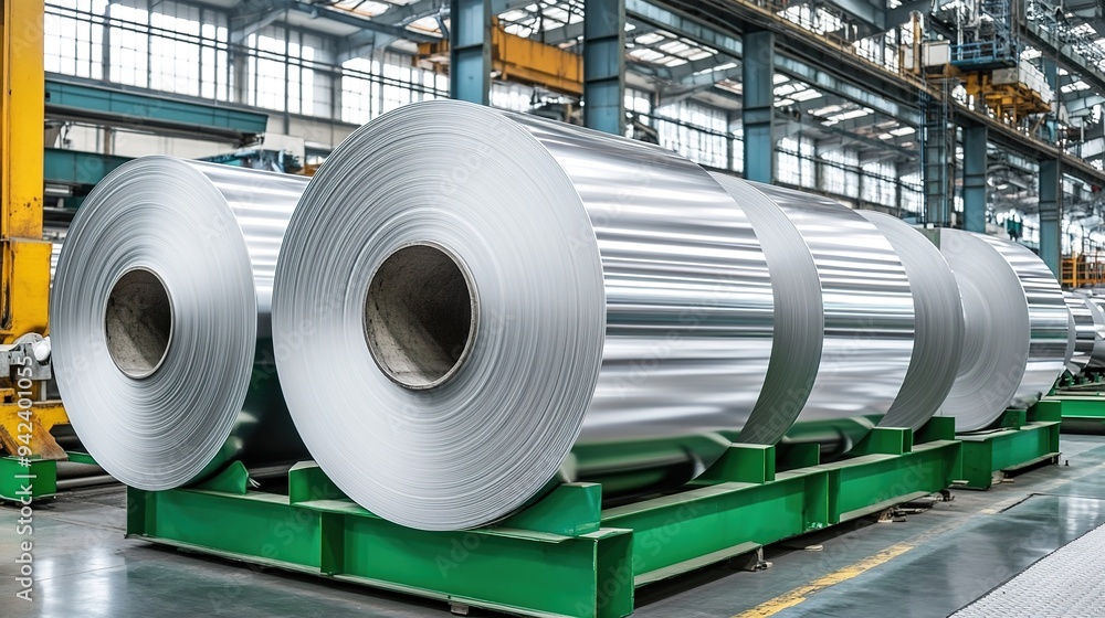 Towering stacks of massive aluminum rolls in a bustling industrial setting, showcasing the raw power and durability of this versatile metal. industry, commerce, business.Posters, wallpapers, Marketing Towering stacks of massive aluminum rolls in a bustling industrial setting, showcasing the raw power and durability of this versatile metal. industry, commerce, business.Posters, wallpapers, Marketing