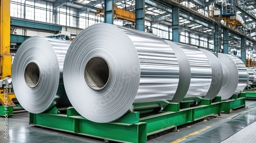 Towering stacks of massive aluminum rolls in a bustling industrial setting, showcasing the raw power and durability of this versatile metal. industry, commerce, business.Posters, wallpapers, Marketing