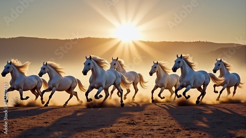 7 running horses in dessert during sunset. photo