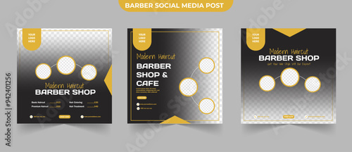 Set of modern barbershop social media post for content creator brochure and web banner template