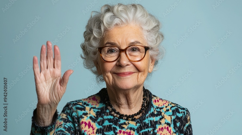 A woman with glasses and a blue floral dress is waving A woman with glasses and a blue floral dress is waving