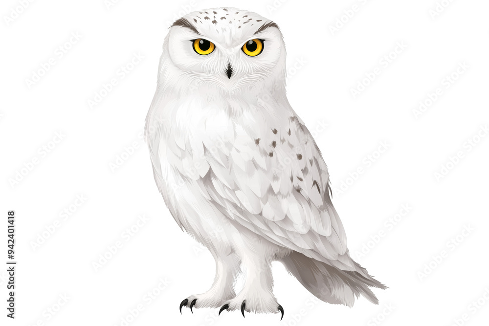 Obraz premium A majestic snowy owl with striking yellow eyes, isolated on a transparent and white background, PNG