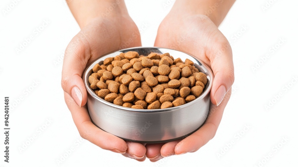 A person is holding a bowl of dog food A person is holding a bowl of dog food