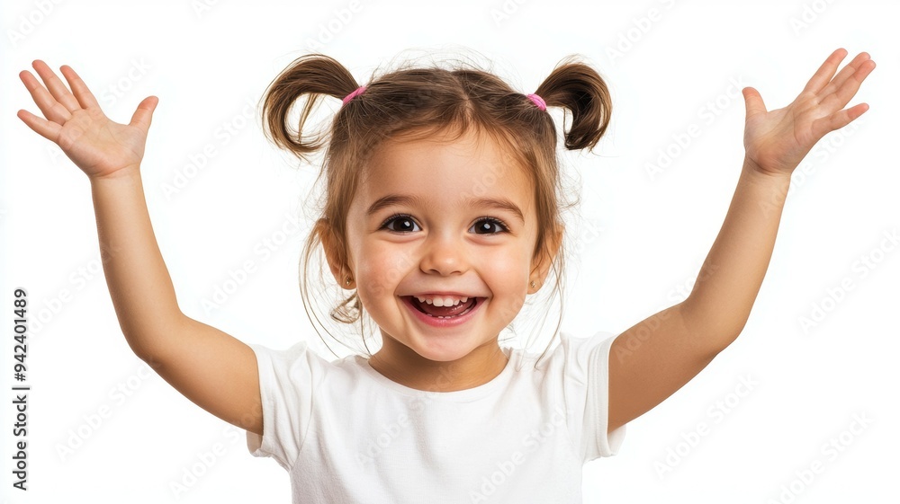 A young girl with pigtails is smiling and waving A young girl with pigtails is smiling and waving