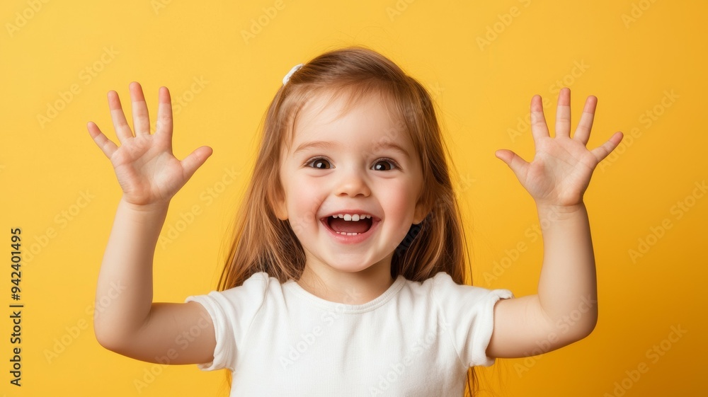 A young girl is smiling and waving her hands in the air A young girl is smiling and waving her hands in the air