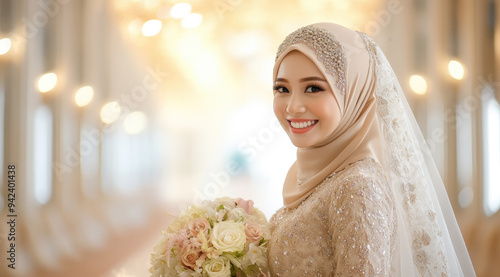 A beautiful Malay woman in her wedding dress smiles at the camera, holding flowers and wearing an elegant headscarf. photo