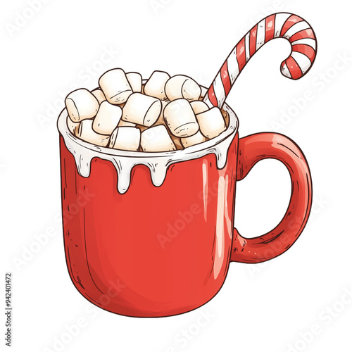 Red Mug of Hot Chocolate with Marshmallows and Candy Cane, isolated on a transparent and white background, PNG
