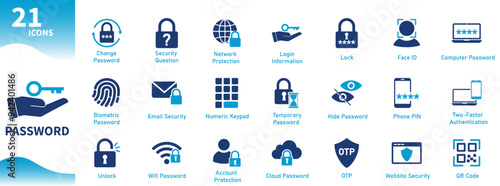 Password icon. Collection of icons themed security, login, biometric, internet, computer, phone. Solid vector icons.