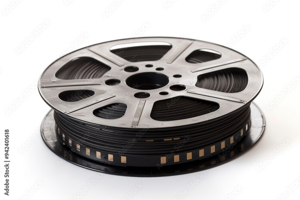 Obraz premium A vintage-style film reel sits atop a wooden table, ready for use or display