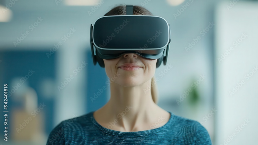 A woman enjoying virtual reality technology with a VR headset, showcasing innovation and modern entertainment. A woman enjoying virtual reality technology with a VR headset, showcasing innovation and modern entertainment.