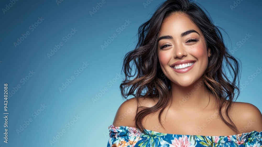 A woman with long brown hair and a blue floral dress is smiling A woman with long brown hair and a blue floral dress is smiling
