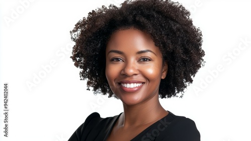 A woman with curly hair is smiling and posing for a picture