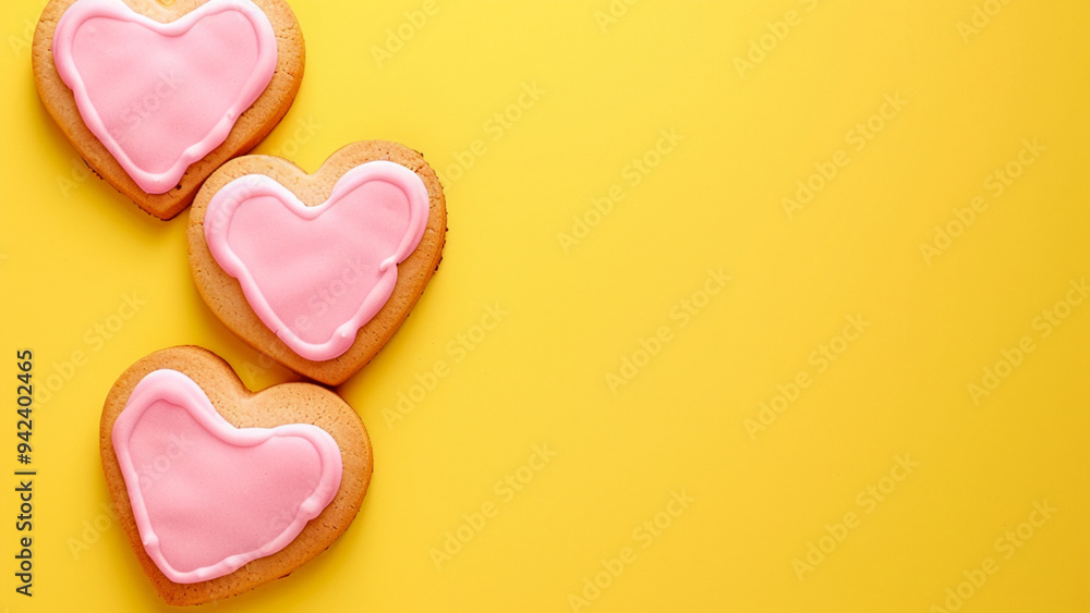 Heart-Shaped Sugar Cookies with Pink Icing on Vibrant Yellow Background Heart-Shaped Sugar Cookies with Pink Icing on Vibrant Yellow Background