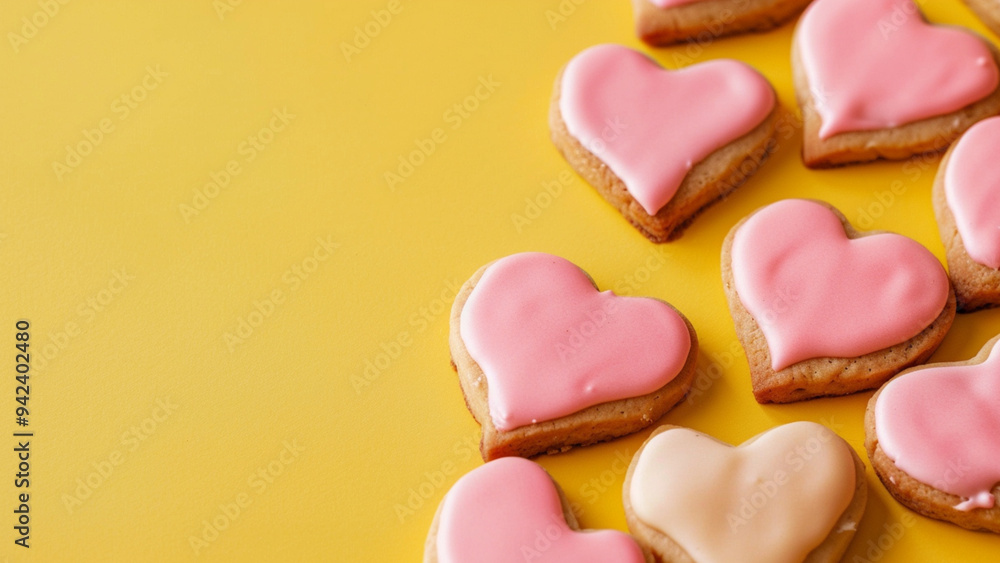 Fototapeta premium Heart-Shaped Sugar Cookies with Pink Icing on Vibrant Yellow Background