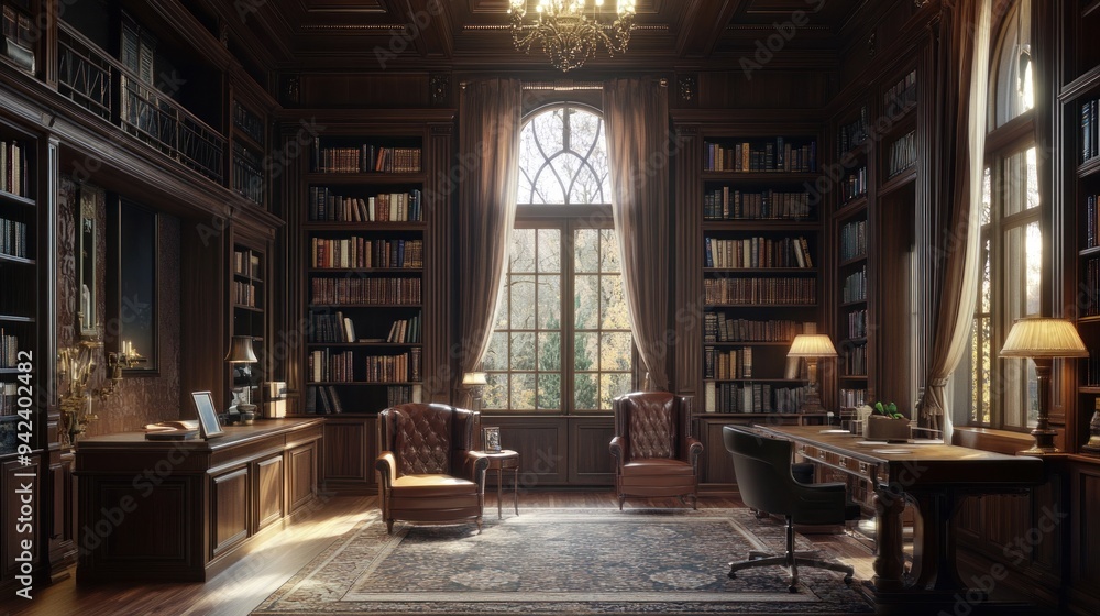 A Luxurious Library with Warm Light and a View A Luxurious Library with Warm Light and a View