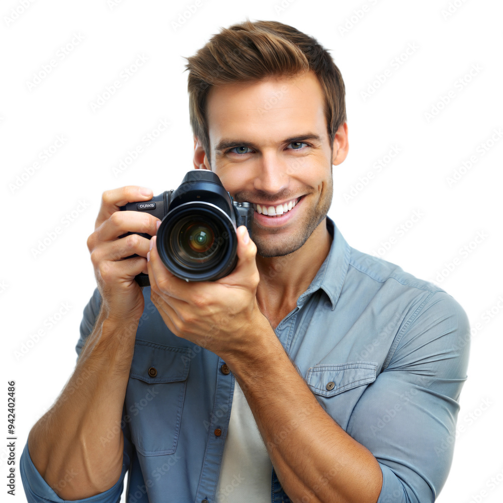 Man holding a camera, prepared to capture a perfect shot Man holding a camera, prepared to capture a perfect shot