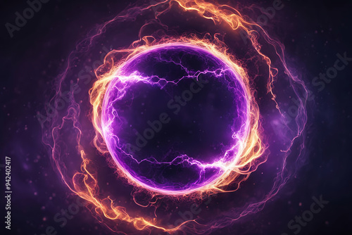 Circle shape glowing colors lightning electric arcs on black background .Abstract energy thunder spark blast, thunderbolt .Banner digital art