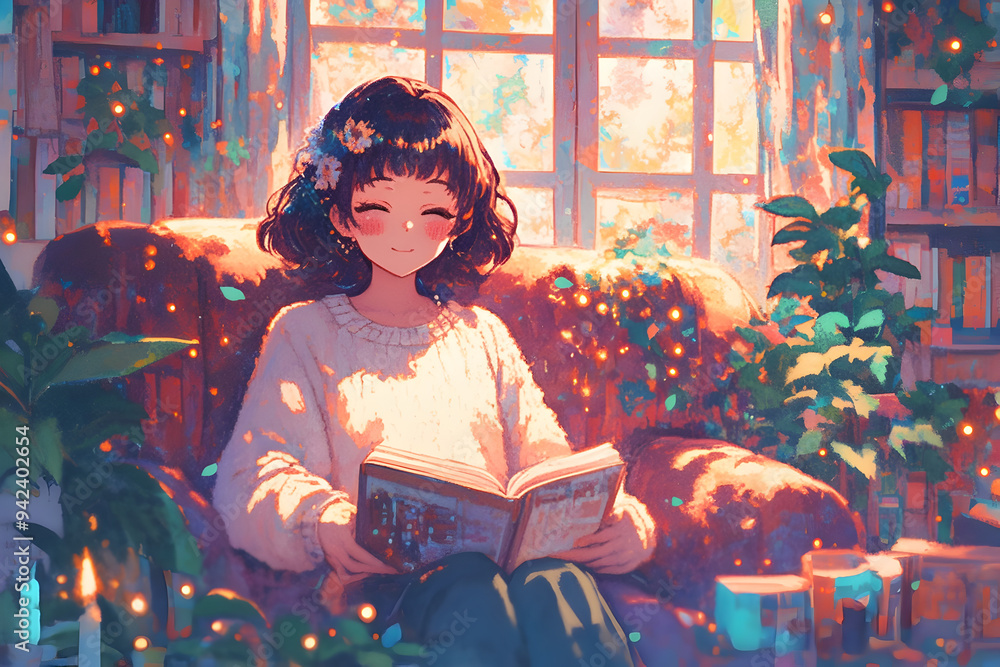 Cozy Girl immersed in a book on a comfortable couch with fairy lights, plants, and tea. Anime style, Cozy vibes Cozy Girl immersed in a book on a comfortable couch with fairy lights, plants, and tea. Anime style, Cozy vibes