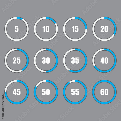 Numbered progress circles. Time interval icons. Blue and gray countdown. Digital timer vector.
