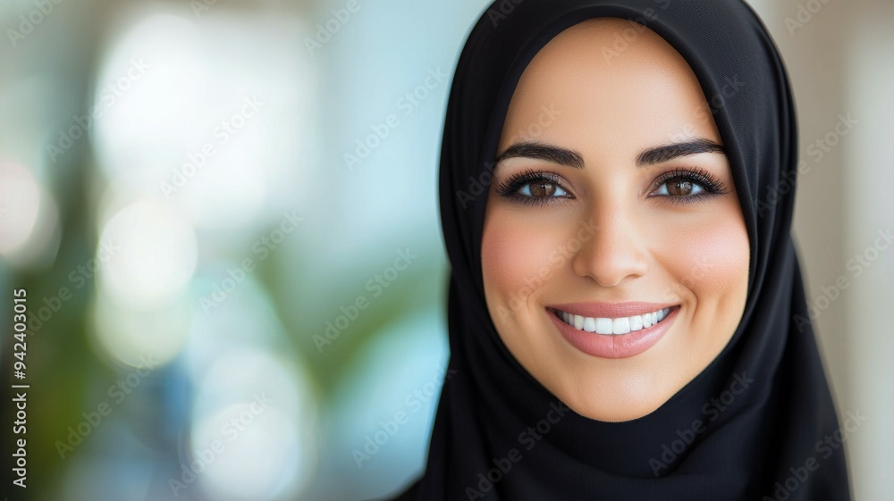 A woman with a black head scarf is smiling A woman with a black head scarf is smiling