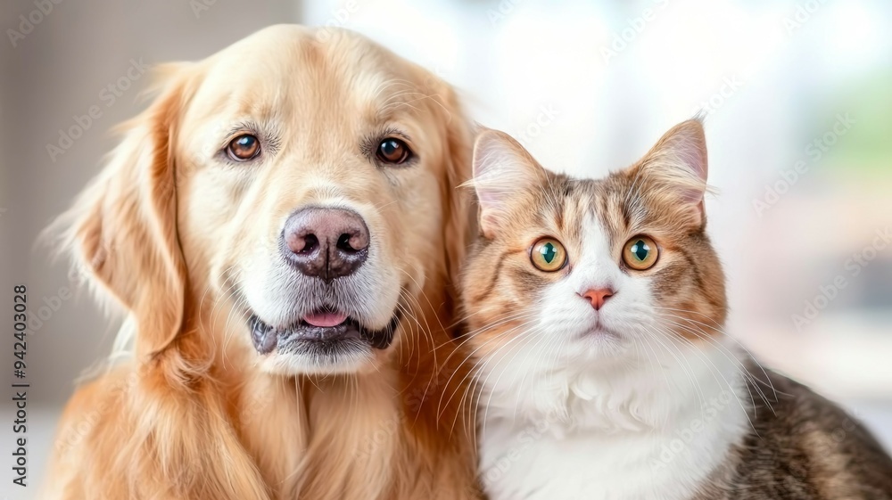 A dog and a cat are sitting next to each other A dog and a cat are sitting next to each other