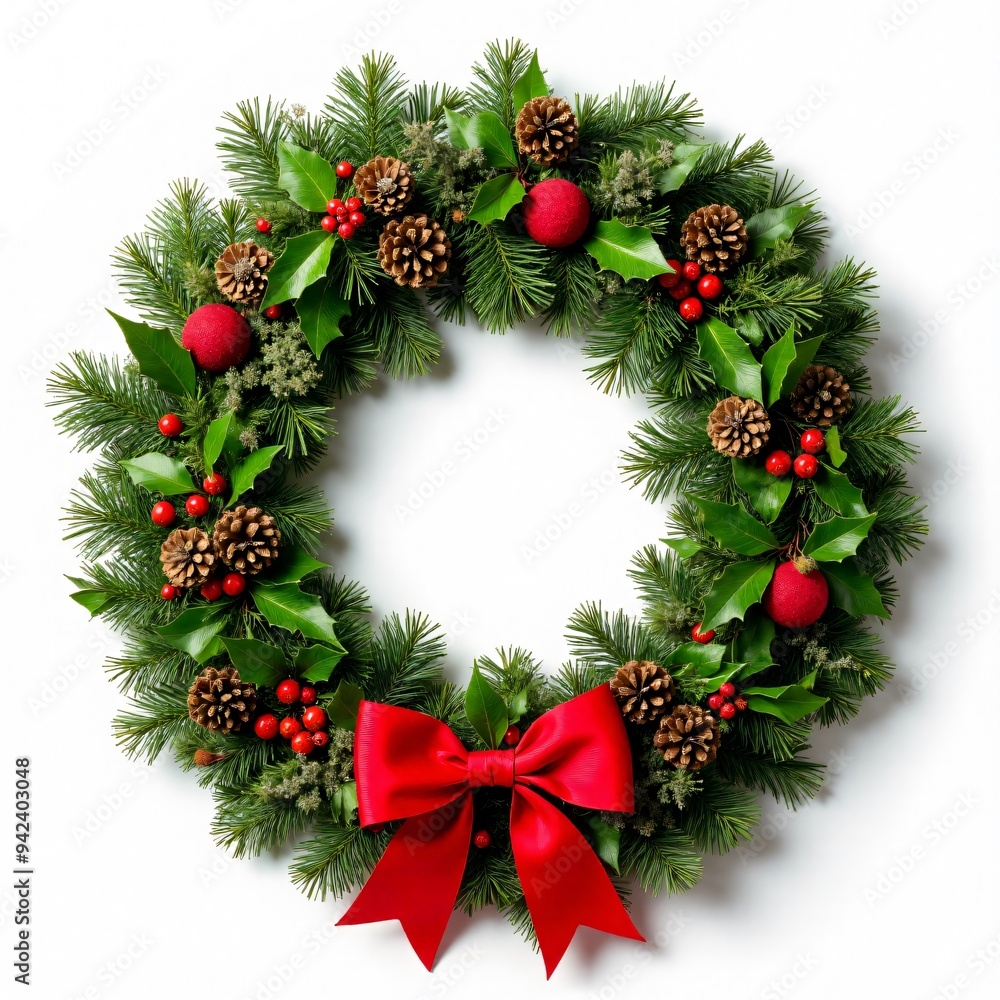 A circular of evergreen branches with a red bow. Christmas wreath hung on doors or walls, symbolizing eternal life and welcoming guests in Christmas, isolated on white background. A circular of evergreen branches with a red bow. Christmas wreath hung on doors or walls, symbolizing eternal life and welcoming guests in Christmas, isolated on white background.