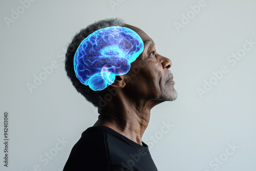 Side view concept photo of an african american elder man with glowing brain on a white background