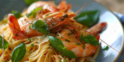 Pasta with shrimps, grilled shrimp with vegetables, grilled shrimp on a plate