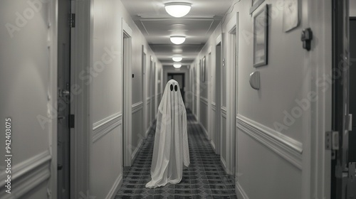 A Ghostly Figure Stands in a Long, Narrow Hallway photo