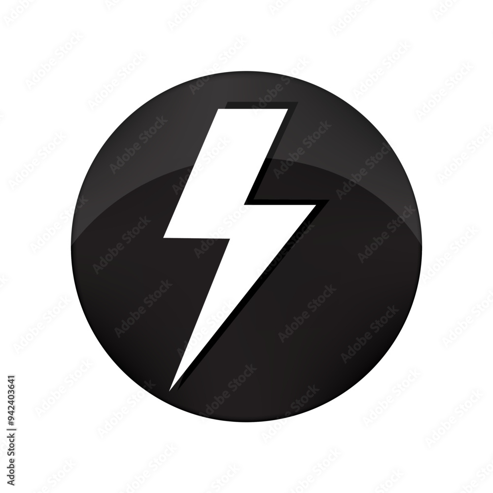 Black lightning bolt. Circular glossy icon. Power symbol. Vector illustration. Black lightning bolt. Circular glossy icon. Power symbol. Vector illustration.