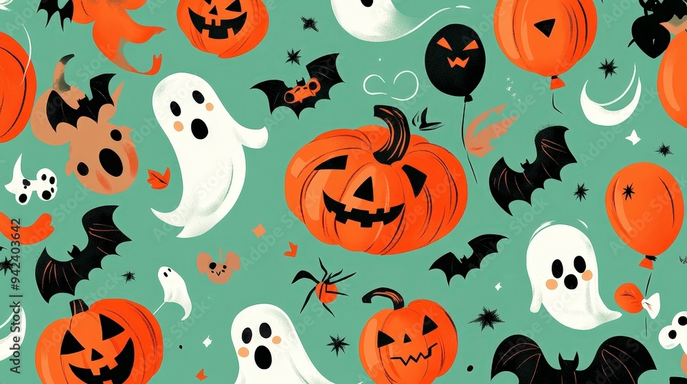 A festive Halloween-themed pattern featuring pumpkins, ghosts, bats, and balloons. A festive Halloween-themed pattern featuring pumpkins, ghosts, bats, and balloons.