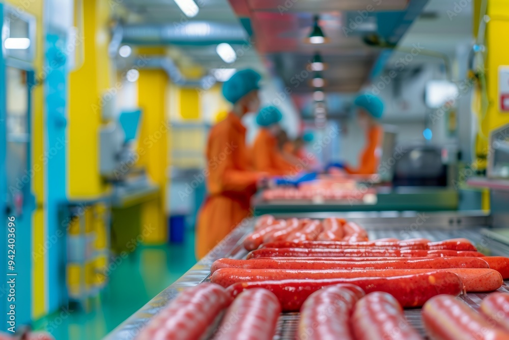 Workers in a sausage factory with various sausages on the foreground.