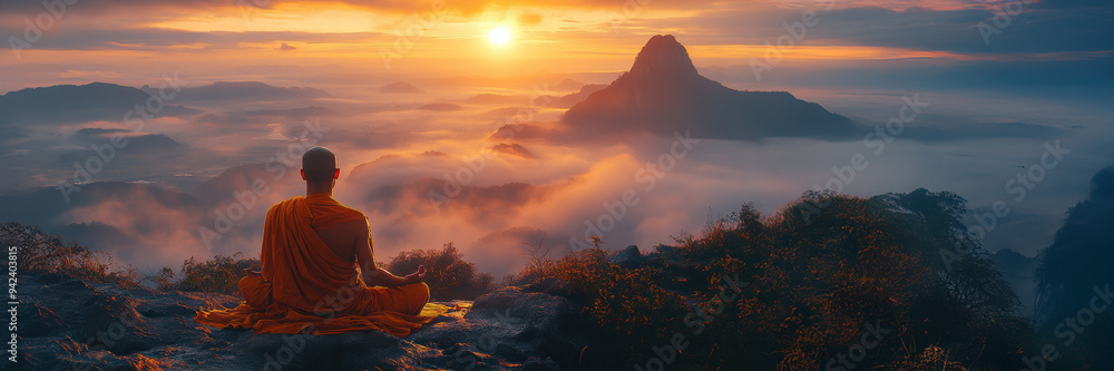 A monk sits meditating on a rocky cliff at dawn, overlooking a breathtaking mountain vista shrouded in mist and soft light. A monk sits meditating on a rocky cliff at dawn, overlooking a breathtaking mountain vista shrouded in mist and soft light.