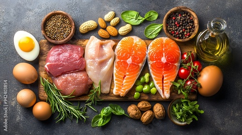 Assortment of fresh ingredients: meats, seafood, nuts, and vegetables on a wooden board.