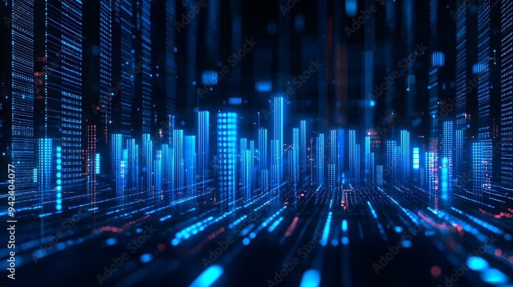 Futuristic digital cityscape with glowing blue lights and vibrant data streams. Futuristic digital cityscape with glowing blue lights and vibrant data streams.