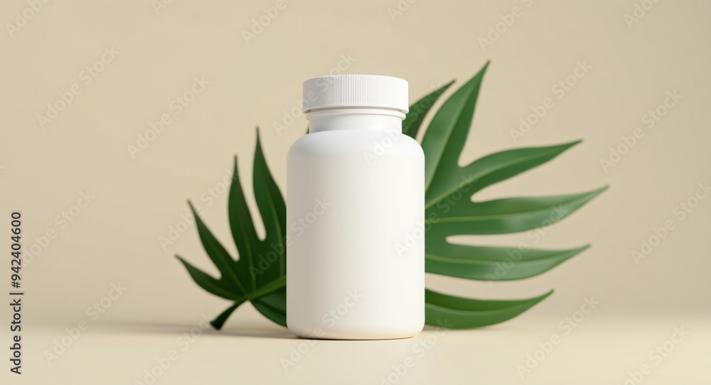 White blank pills bottle mockup, with a leaf behind, for supplements and health care products. White blank pills bottle mockup, with a leaf behind, for supplements and health care products.