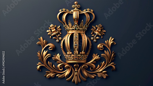 A golden crown sits on a blue wall, perfect for decorating or as a symbol of royalty 