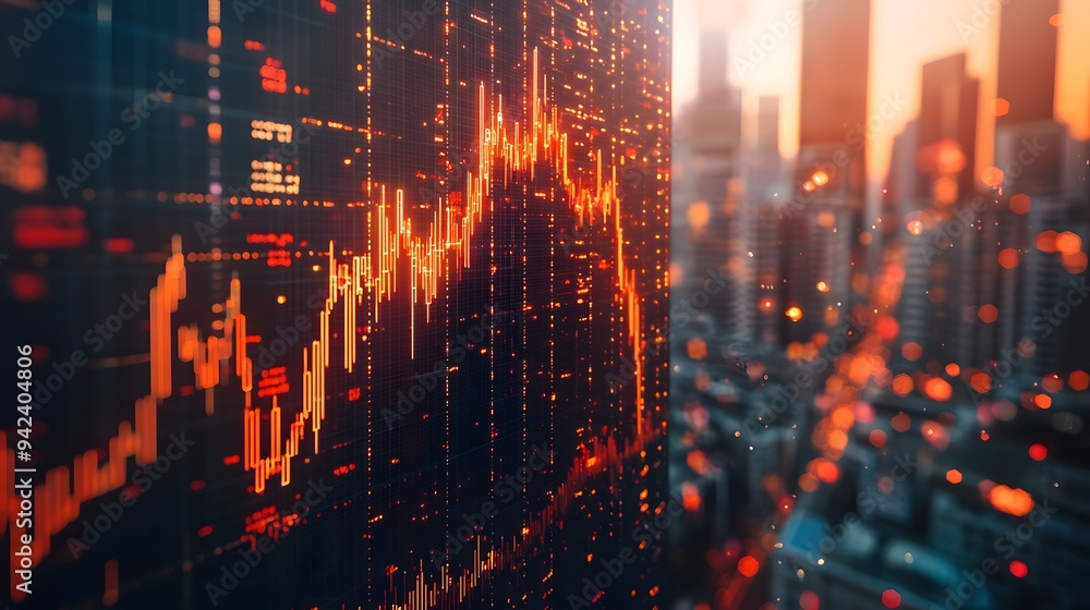 Abstract financial data visualization over a city skyline at sunset. Abstract financial data visualization over a city skyline at sunset.