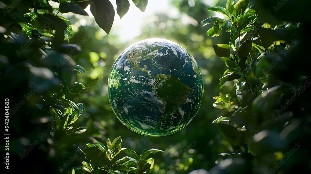 Glowing Earth surrounded by vibrant green foliage representing environmental care. Glowing Earth surrounded by vibrant green foliage representing environmental care.