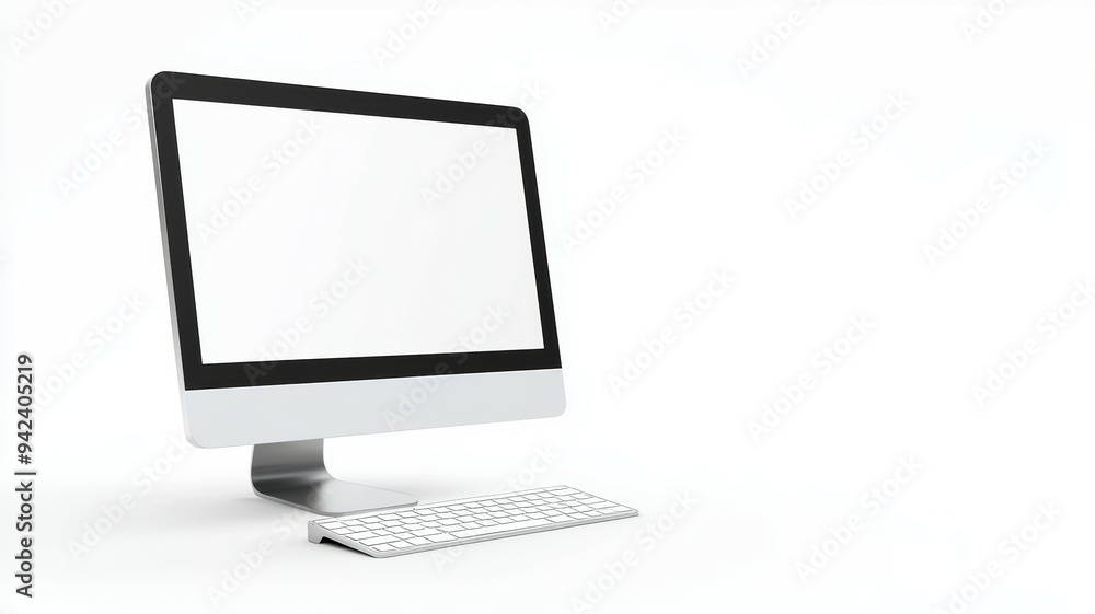 A computer monitor with a keyboard is on a white background A computer monitor with a keyboard is on a white background