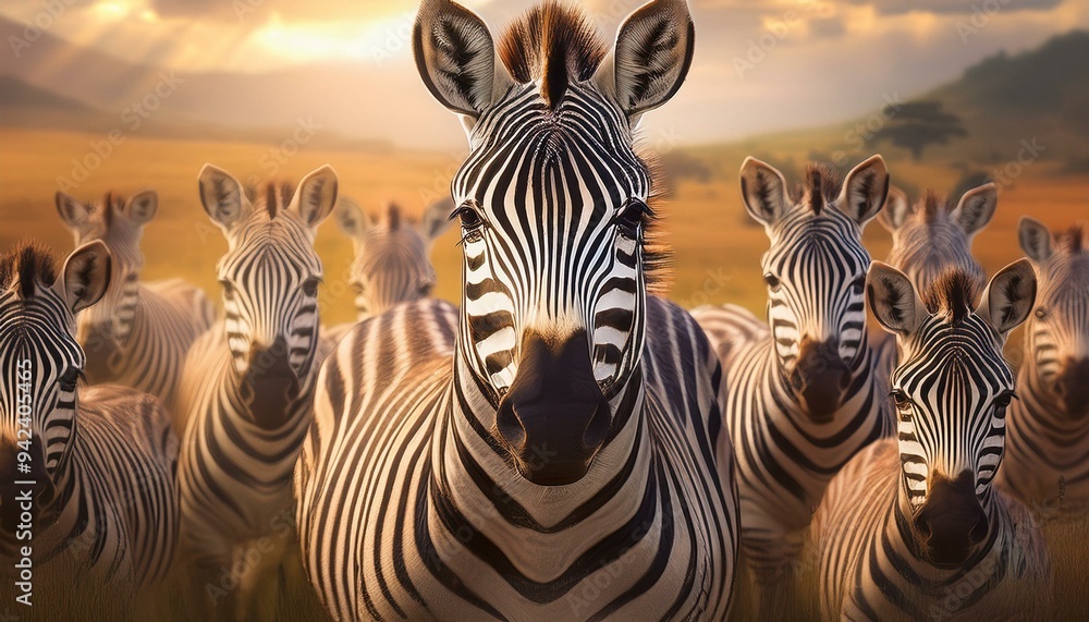 Fototapeta premium A herd of zebras in the foreground, their black and white stripes creating a striking patter