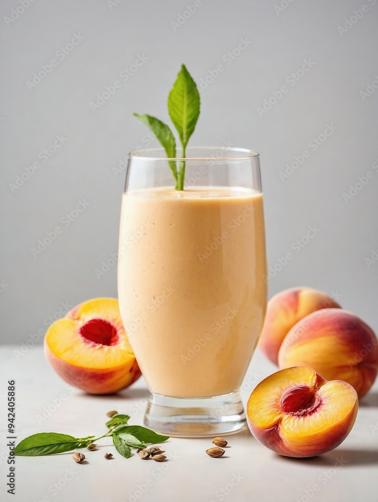 A glass of peach smoothie on a plain white background. A glass of peach smoothie on a plain white background.