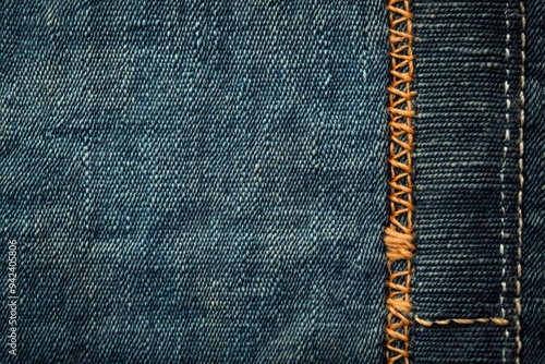 Close-up of blue jeans fabric cloth texture with seam , ai