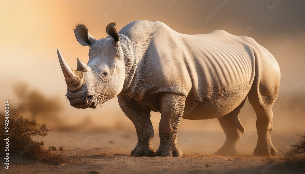 Obraz premium A rhinoceros standing alone in a dusty clearing, the background softly blurred to emphasize 