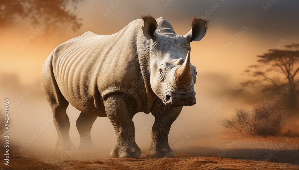 Fototapeta premium A rhinoceros standing alone in a dusty clearing, the background softly blurred to emphasize
