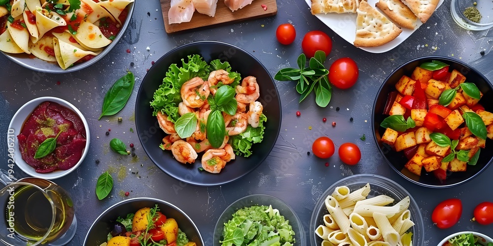 Salad tomato, vegetable, potatoes, shrimp, pasta with vegetables and cheese Salad tomato, vegetable, potatoes, shrimp, pasta with vegetables and cheese