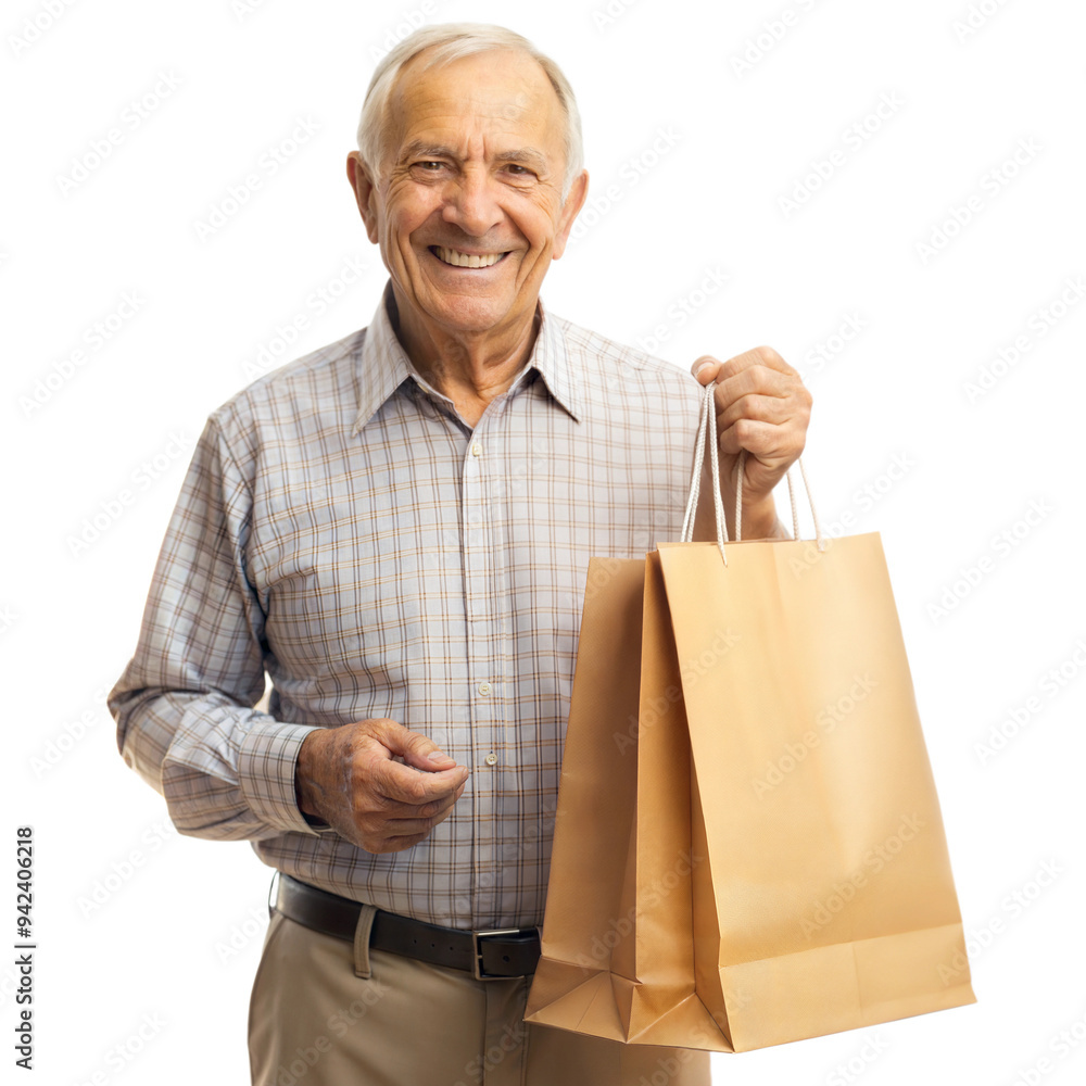 Elderly man holding a grocery bag, ready for shopping Elderly man holding a grocery bag, ready for shopping