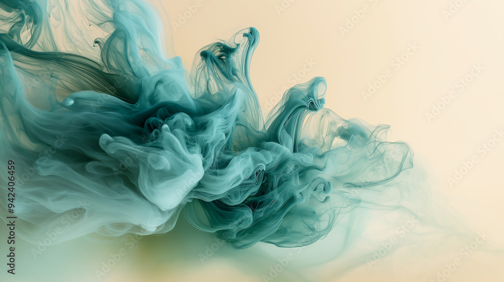 abstract jade green and teal ink storm artwork, on a warm taupe background abstract jade green and teal ink storm artwork, on a warm taupe background