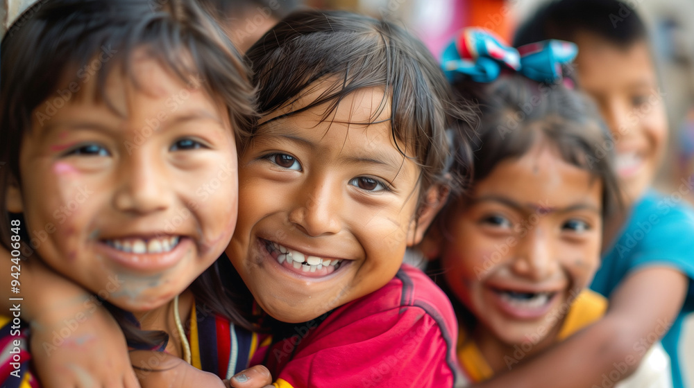 groud of children smiling with paint on their faces groud of children smiling with paint on their faces